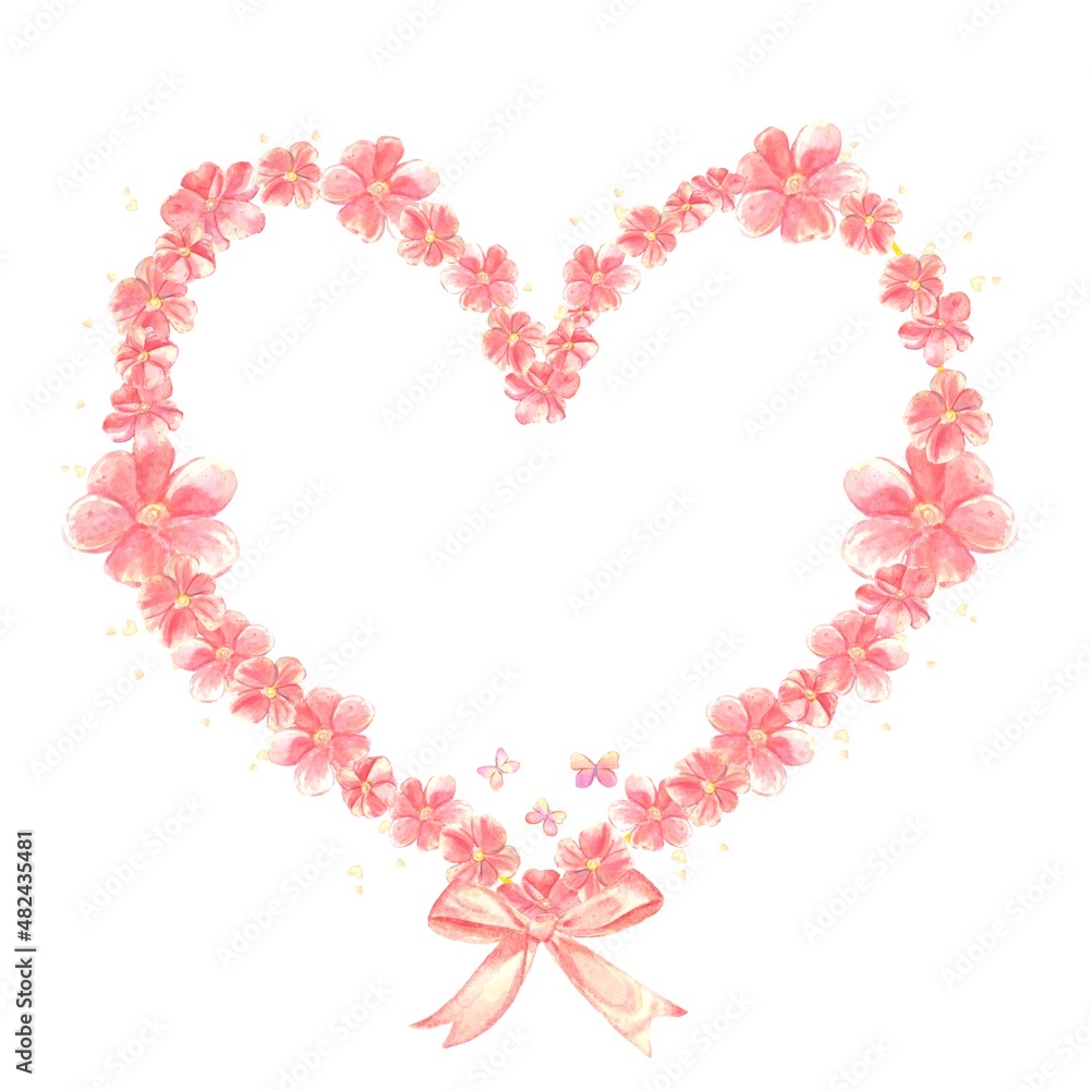 Watercolor Heart shape frame of spring flowers in red .Suitable for the design of postcards, invitations. Watercolor Heart shape frame of spring flowers in red .Suitable for the design of postcards, invitations.