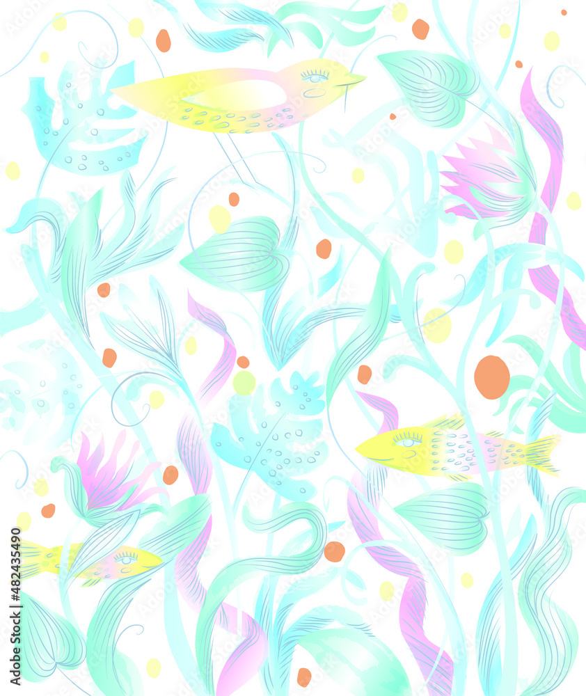 Vector fantasy background with creepers fish bird pastell colours