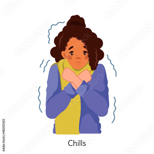 Chills. An African-American woman in a warm scarf is trying to keep warm