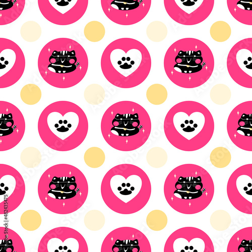 cute childish fat black tabby cat wearing eyeglasses and paw in love heart pink bright circle seamless pattern yellow polka dot background. Valentine animal art texture vector illustration design.