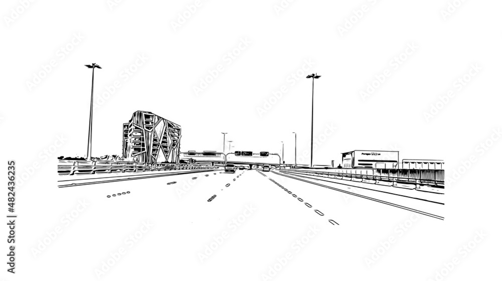 Building view with landmark of Manama is the
capital of Bahrain. Hand drawn sketch illustration in vector.