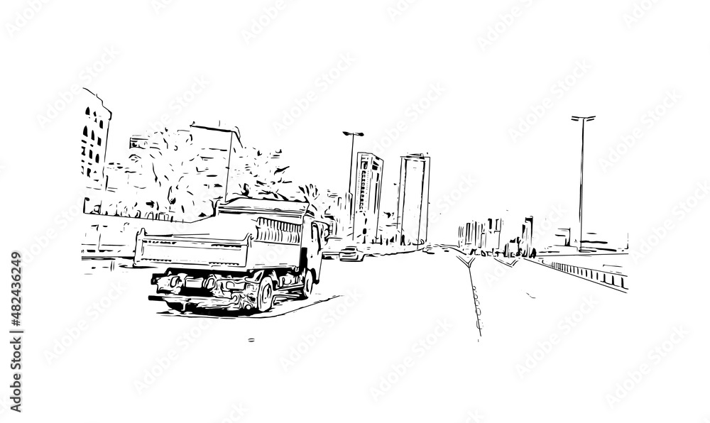 Obraz premium Building view with landmark of Manama is the capital of Bahrain. Hand drawn sketch illustration in vector.