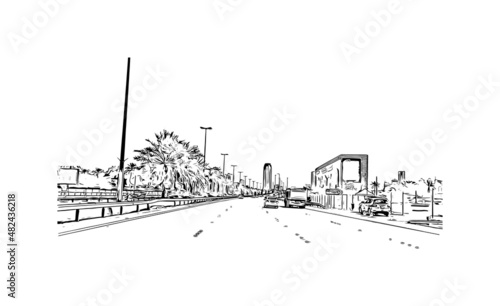 Building view with landmark of Manama is the 
capital of Bahrain. Hand drawn sketch illustration in vector.