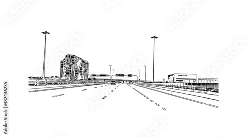 Obraz na płótnie Building view with landmark of Manama is the
capital of Bahrain. Hand drawn sketch illustration in vector. w salonie