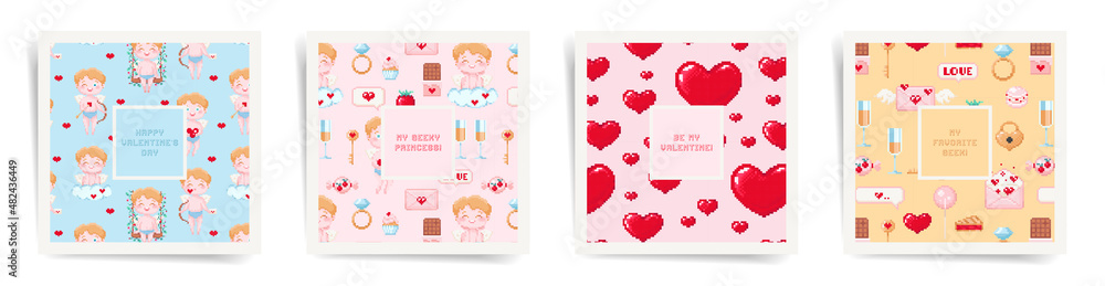 Valentine's day February 14 square post design template set. Pixel art mosaic layouts for poster, brochure, card, cover, banner. Retro 8 bit game style hearts, cupid, gifts, ring in frame backgrounds.