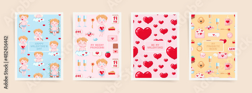 Valentine's day February 14 design template set. Modern pixel art layouts for poster, brochure, card, leaflet, banner. 8 bit game style hearts, angel boy, chocolate, gifts. Pink, blue, red, colors.