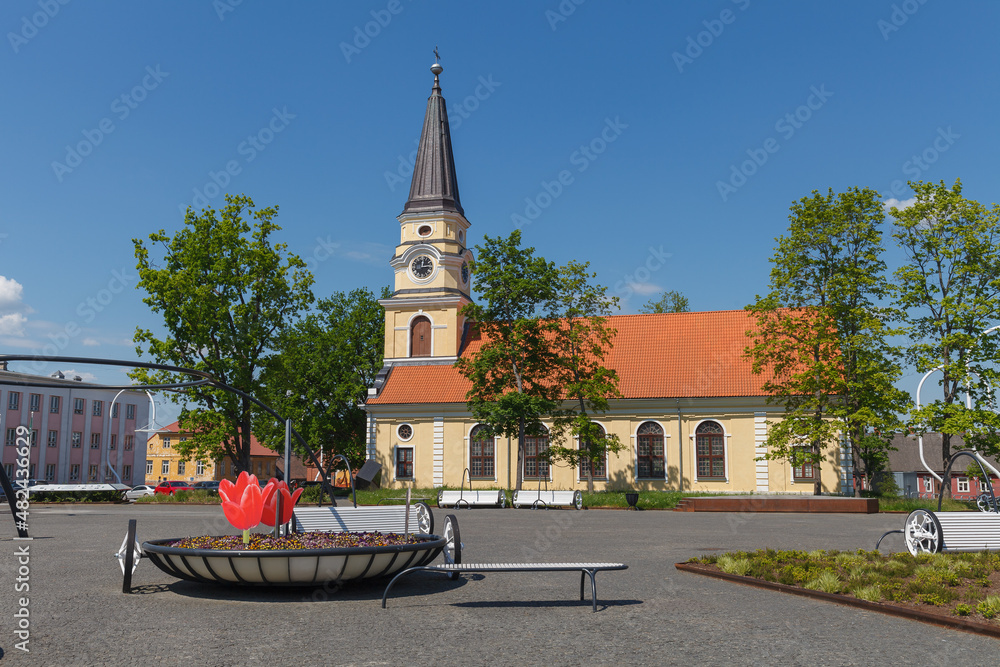 Voru, Estonia - June, 15, 2021: Main city square of Voru in Estonia, Europe. Leisure area.