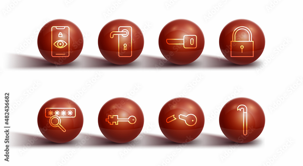 Set line Eye scan, Password protection, Lock, Broken key, Old, Door handle, Crowbar and Key icon. Vector Set line Eye scan, Password protection, Lock, Broken key, Old, Door handle, Crowbar and Key icon. Vector