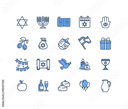 Israel Hanukkah Sign Color Thin Line Icon Set. Vector photo