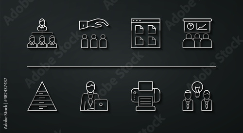 Set line Hierarchy organogram chart, Pyramid infographics, Training, presentation, Printer, Businessman, Boss with employee, People lamp bulb and Browser files icon. Vector