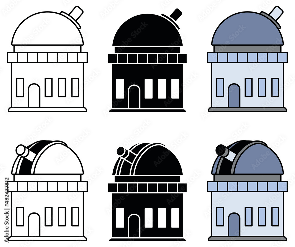 Observatory Building Clipart Set - Outline, Silhouette and Color