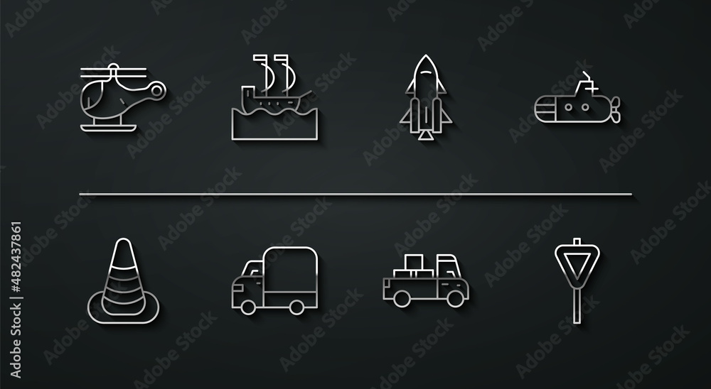 Set line Helicopter, Traffic cone, Submarine, Delivery truck, cargo, Sailboat, Road traffic signpost and Rocket ship with fire icon. Vector Set line Helicopter, Traffic cone, Submarine, Delivery truck, cargo, Sailboat, Road traffic signpost and Rocket ship with fire icon. Vector