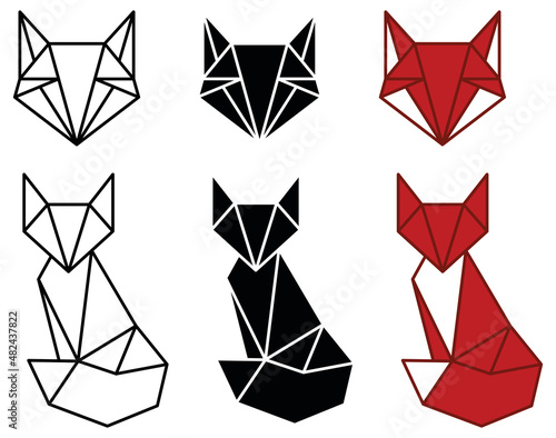 Geometric Origami Fox and Face Clipart Set - Outline, Silhouette and Color