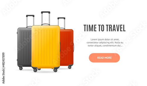 Realistic Detailed 3d Suitcase and Time to Travel Ads Banner Concept Poster Card. Vector