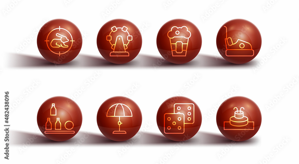 Set line Hunt on rabbit with crosshairs, Bottles ball, Bumper car, Game dice, Sun protective umbrella, Ferris wheel, Fountain and Popcorn box icon. Vector Set line Hunt on rabbit with crosshairs, Bottles ball, Bumper car, Game dice, Sun protective umbrella, Ferris wheel, Fountain and Popcorn box icon. Vector