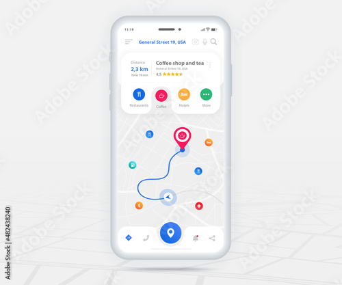 Map GPS navigation ux ui concept, Smartphone map application and destination pinpoint on screen, App search map navigate, Technology map, City navigation maps, City street, tracking, location, Vector