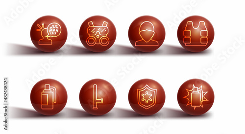 Set line Protest, Hand grenade, Bulletproof vest, Police badge, rubber baton, Gas mask, and Vandal icon. Vector