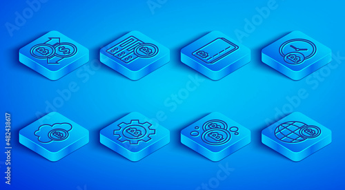 Set line Cryptocurrency exchange, Server bitcoin, Credit card with, Bitcoin, clock, cloud mining and Globe icon. Vector