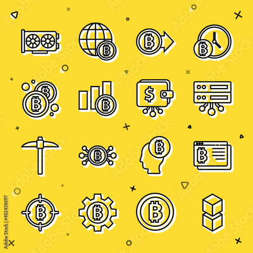 Set line Blockchain technology, Bitcoin browser, Server, Pie chart infographic bitcoin, Video card and Cryptocurrency wallet icon. Vector