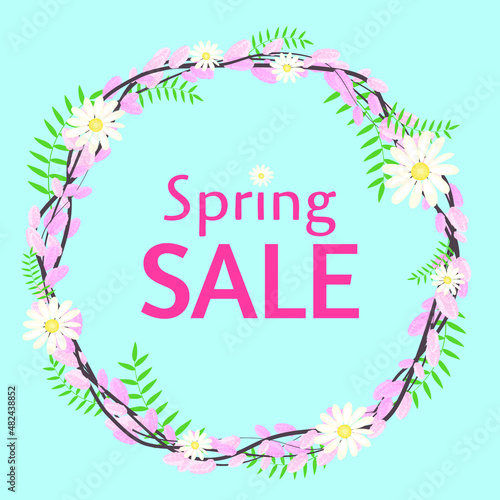 Spring sale poster or banner. Wreath with chamomiles and pussy willow. Flat vector illustration for webpage, template