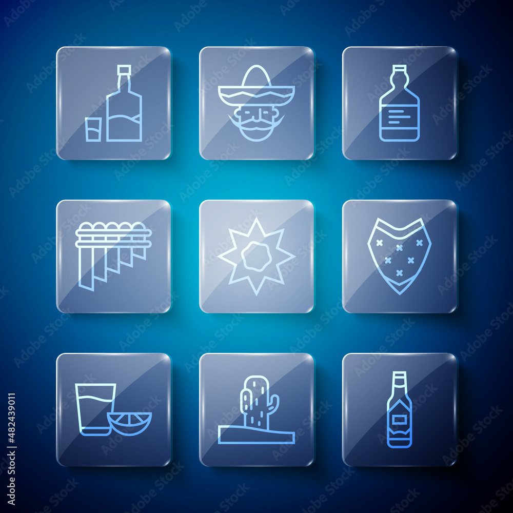 Set line Tequila glass with lemon, Cactus, Tabasco sauce, bottle, Sun, Pan flute, and and Poncho icon. Vector Set line Tequila glass with lemon, Cactus, Tabasco sauce, bottle, Sun, Pan flute, and and Poncho icon. Vector