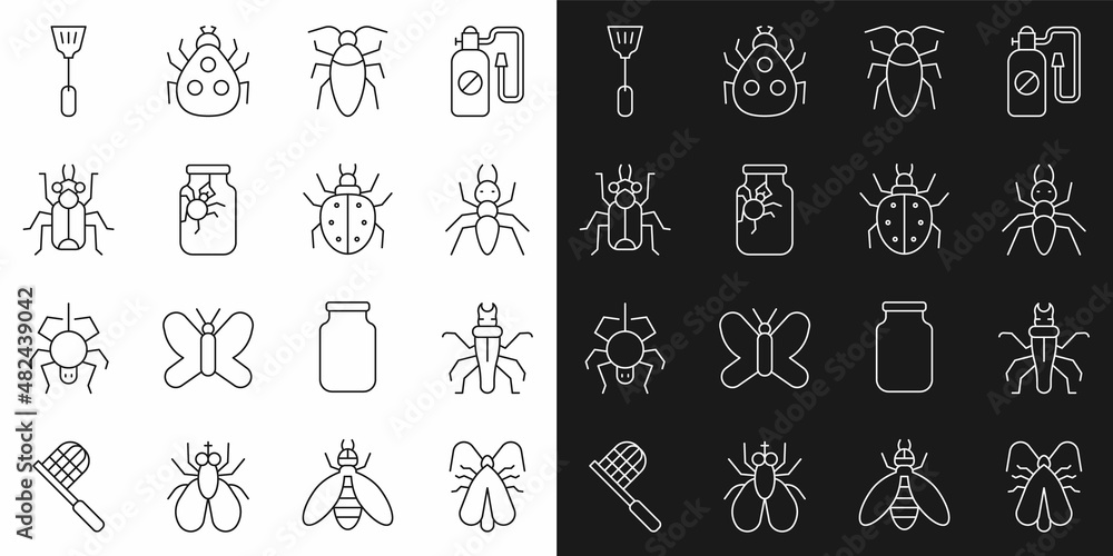 Set line Clothes moth, Termite, Ant, Cockroach, Spider in jar, Beetle bug, Fly swatter and Mite icon. Vector