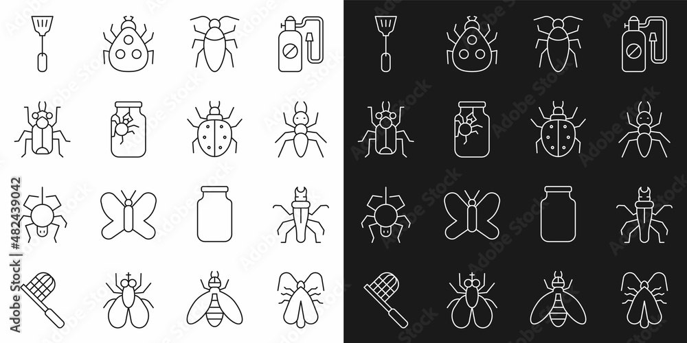 Set line Clothes moth, Termite, Ant, Cockroach, Spider in jar, Beetle bug, Fly swatter and Mite icon. Vector Set line Clothes moth, Termite, Ant, Cockroach, Spider in jar, Beetle bug, Fly swatter and Mite icon. Vector