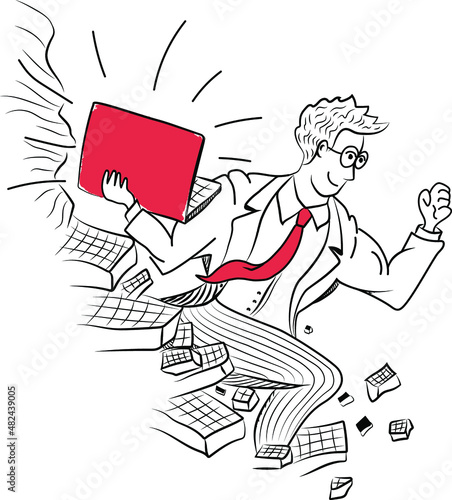 Concept of fast business with running businessman. Hand drawn in thin line style. Vector illustration.
