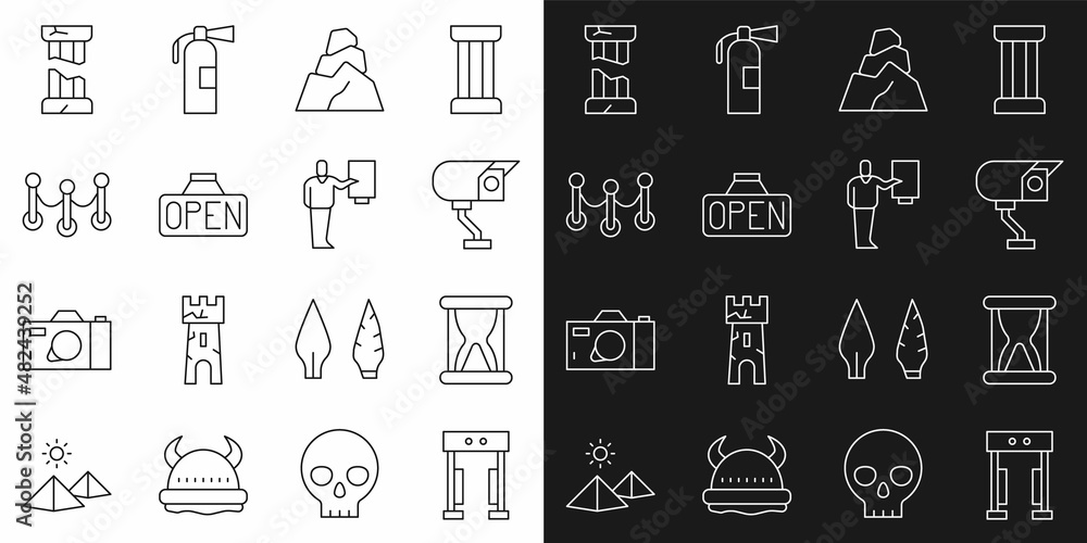 Set line Metal detector, Old hourglass with sand, Security camera, Rock stones, Hanging sign Open, Rope barrier, Broken ancient column and Museum guide icon. Vector Set line Metal detector, Old hourglass with sand, Security camera, Rock stones, Hanging sign Open, Rope barrier, Broken ancient column and Museum guide icon. Vector