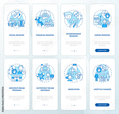 Gambling psychology blue onboarding mobile app screen set. Addiction walkthrough 5 steps graphic instructions pages with linear concepts. UI, UX, GUI template. Myriad Pro-Bold, Regular fonts used
