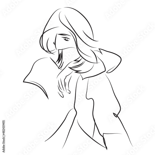Fashion vector illustration of abstract young woman wearing elegant off-season urban clothes, quick sketch
