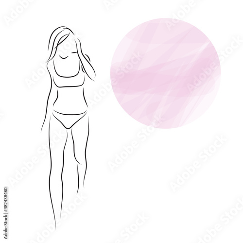 Abstract fashion illustration of abstract young woman wearing swimsuit walking on the beach by the sea or by the pool, quick sketch, vector illustration. Summer girl