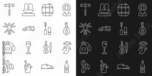 Set line Bottle of olive oil, Roman army helmet, Mandolin, Barrel for wine, Sport racing car, Vitruvian, Wine corkscrew and Mascara brush icon. Vector