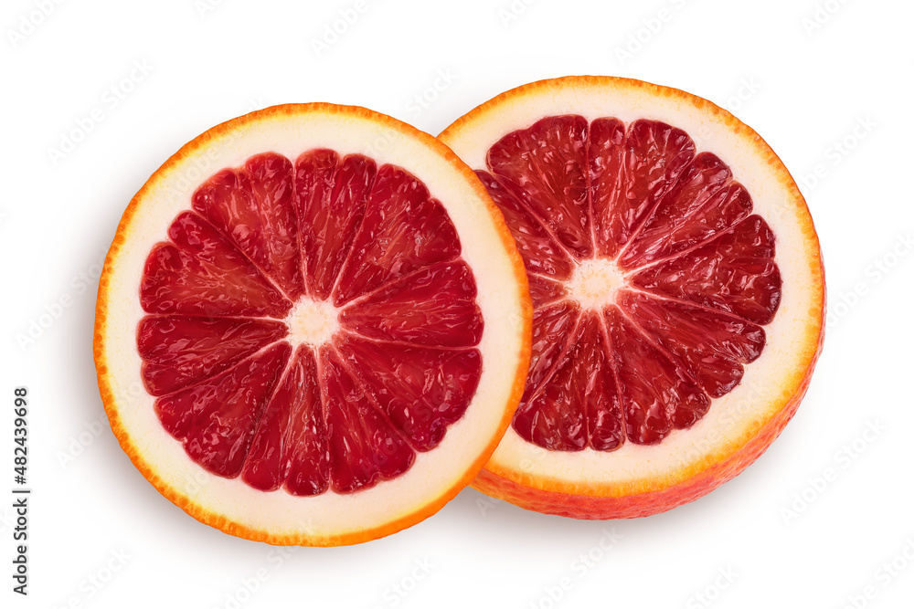 Blood red oranges slices isolated on white background with clipping path. Top view. Flat lay Blood red oranges slices isolated on white background with clipping path. Top view. Flat lay