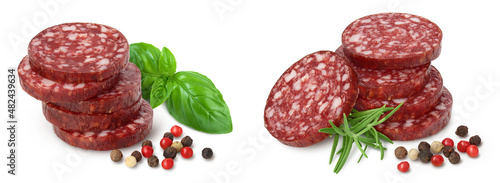 Smoked sausage salami slices isolated on white background with full depth of field