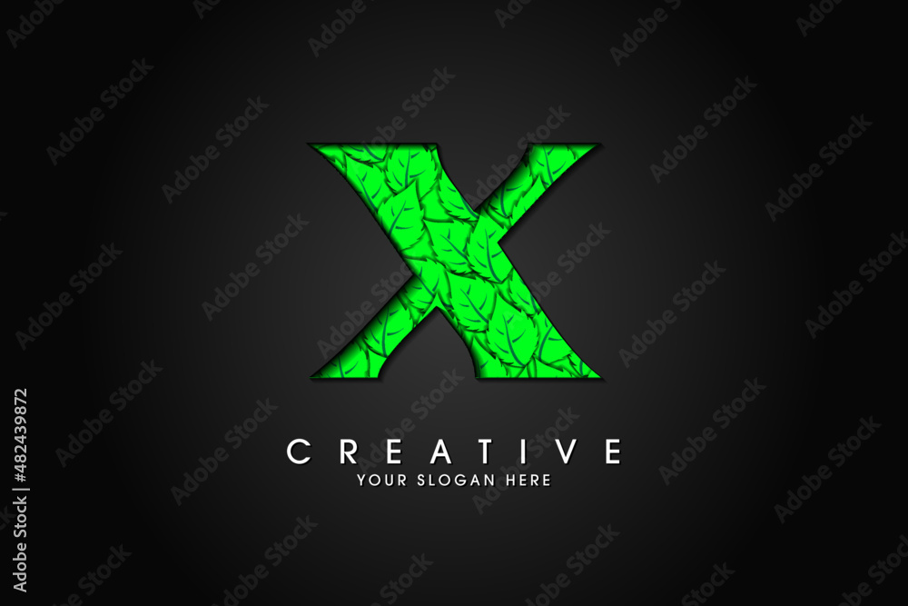 Obraz premium X initial letter logo with leaves. Ecological font. Green Leaves font. Vector illustration.