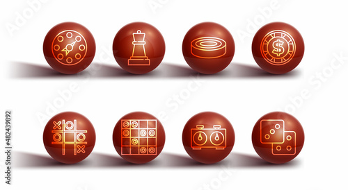 Set line Twister game, Tic tac toe, Casino chip with dollar, Time chess clock, Board of checkers, Chess, Game dice and Checker chips icon. Vector