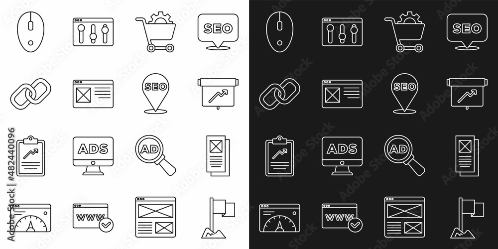 Set line Location marker, Browser window, Board with graph chart, Shopping cart, Chain link, Computer mouse and SEO optimization icon. Vector Set line Location marker, Browser window, Board with graph chart, Shopping cart, Chain link, Computer mouse and SEO optimization icon. Vector