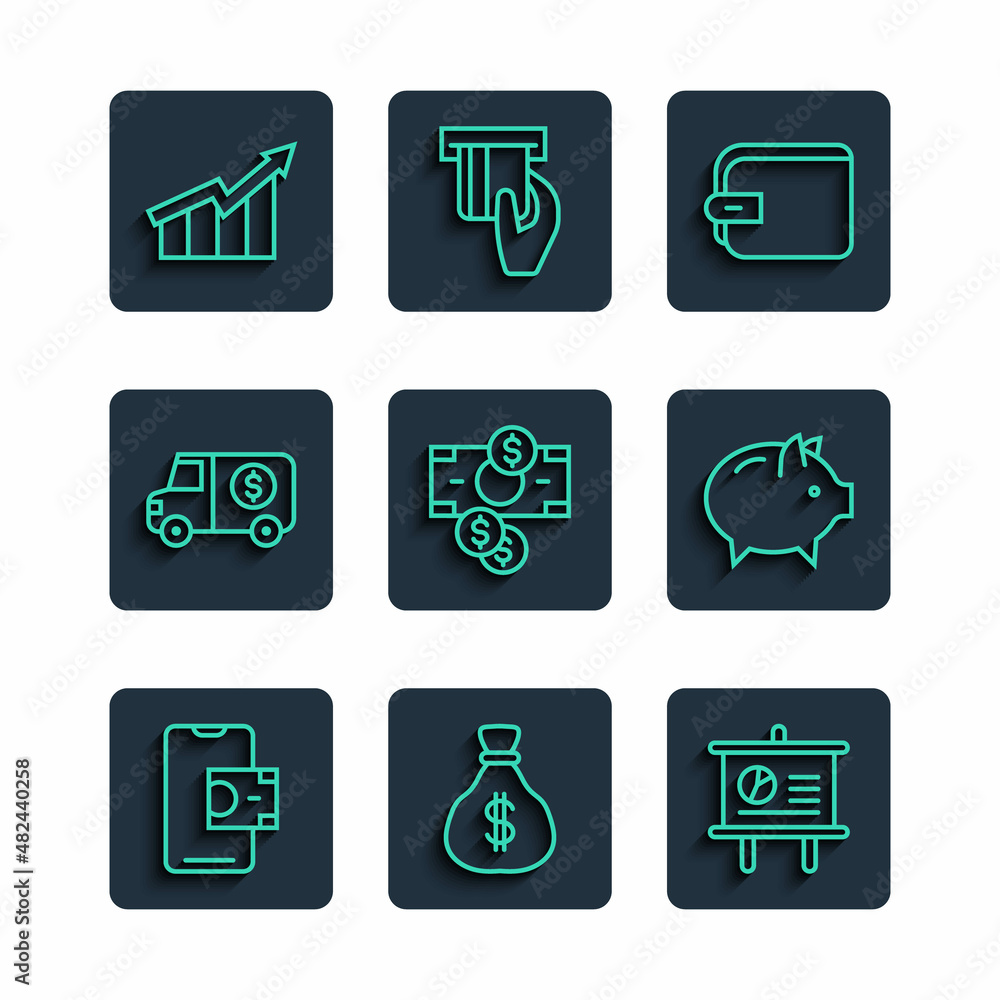 Set line Mobile banking, Money bag, Chalkboard with diagram, Wallet, Stacks paper money cash, Armored truck, Financial growth increase and Piggy icon. Vector Set line Mobile banking, Money bag, Chalkboard with diagram, Wallet, Stacks paper money cash, Armored truck, Financial growth increase and Piggy icon. Vector