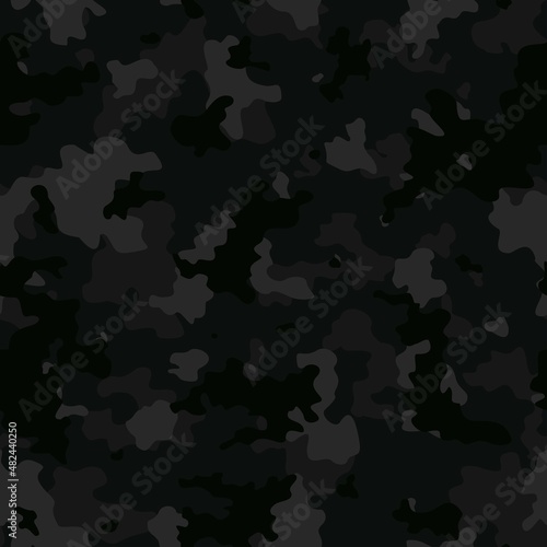  Urban camouflage pattern, night vector seamless background, black spots, classic texture. EPS