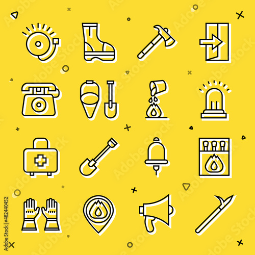 Set line Metal pike pole, Matchbox and matches, Ringing alarm bell, Firefighter axe, shovel bucket, Telephone call 911, and Bucket extinguishing fire icon. Vector