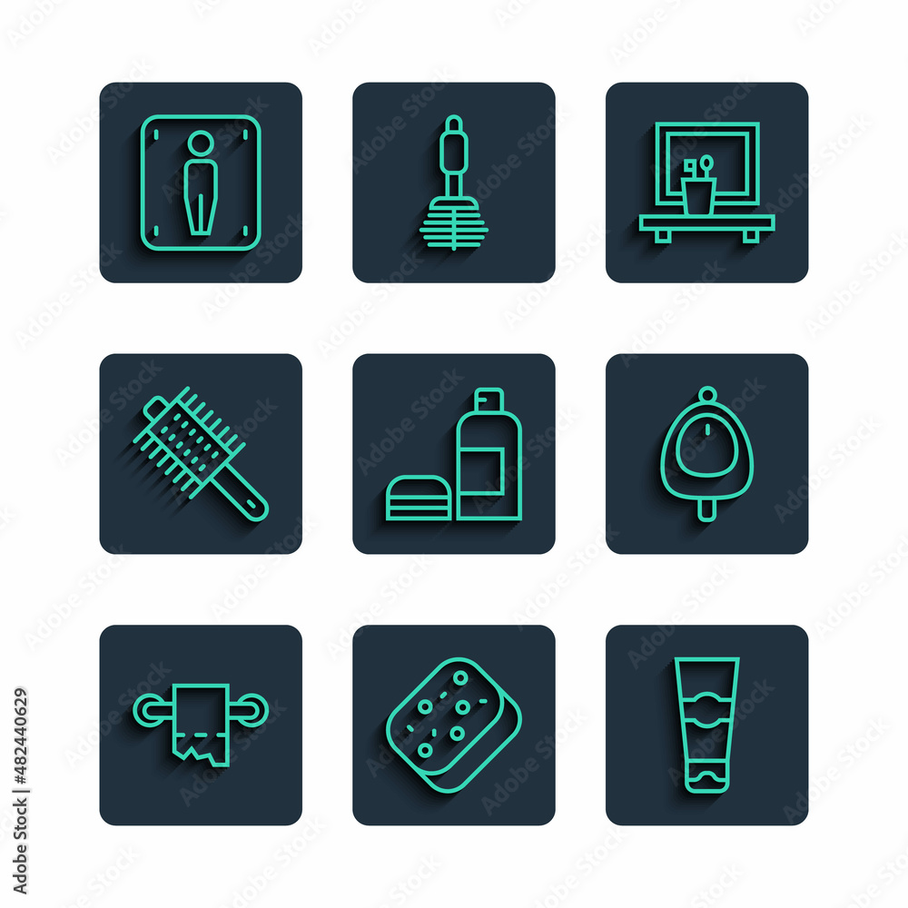Set line Toilet paper roll, Sponge, Tube of toothpaste, Washbasin mirror, Bottle shampoo, Hairbrush, Male toilet and urinal pissoir icon. Vector
