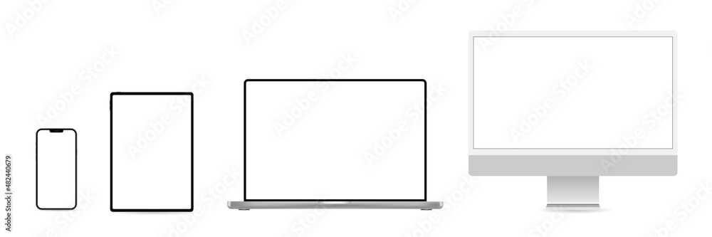 Device blank screen mockup. Set of computer, laptop, tablet, mobile cellphone mock up. Vector isolated blank screen. Device blank screen mockup. Set of computer, laptop, tablet, mobile cellphone mock up. Vector isolated blank screen.