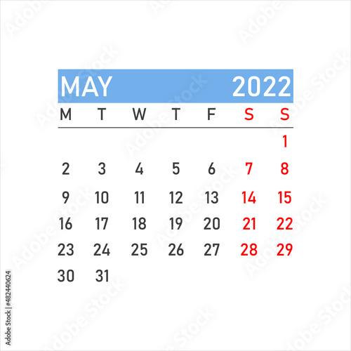 may 2022 Calendar. may 2022 Calendar vector illustration. Wall Desk Calendar Vector Template, Simple Minimal Design. Wall Calendar Template For may 2022.
