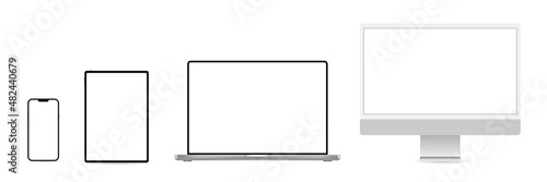 Device blank screen mockup. Set of computer, laptop, tablet, mobile cellphone mock up. Vector isolated blank screen.