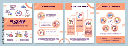 Gambling addiction orange brochure template. Mental disorder. Booklet print design with linear icons. Vector layouts for presentation, annual reports, ads. Arial-Black, Myriad Pro-Regular fonts used