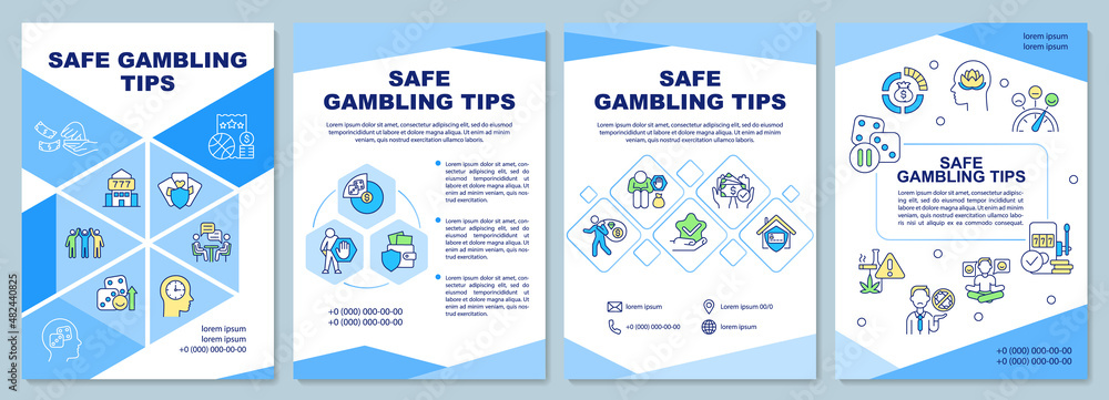 Safe gambling tips blue brochure template. Comfort and rest. Booklet print design with linear icons. Vector layouts for presentation, annual reports, ads. Arial-Black, Myriad Pro-Regular fonts used Safe gambling tips blue brochure template. Comfort and rest. Booklet print design with linear icons. Vector layouts for presentation, annual reports, ads. Arial-Black, Myriad Pro-Regular fonts used