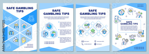Safe gambling tips blue brochure template. Comfort and rest. Booklet print design with linear icons. Vector layouts for presentation, annual reports, ads. Arial-Black, Myriad Pro-Regular fonts used