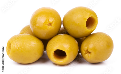 pickled olives isolated on white background close up