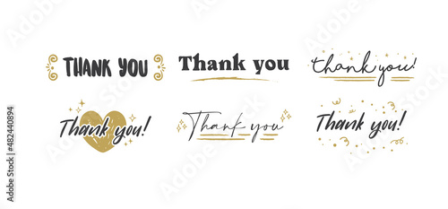 Thank you card. Beautiful greeting card with calligraphy text with gold decoration. Hand drawn invitation. Thanks message.